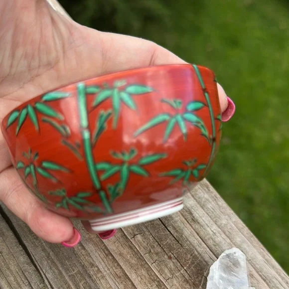 Japanese Tachikichi Red and Green Bamboo Design Tea Bowl with lid. Vintage - Picture 5 of 5